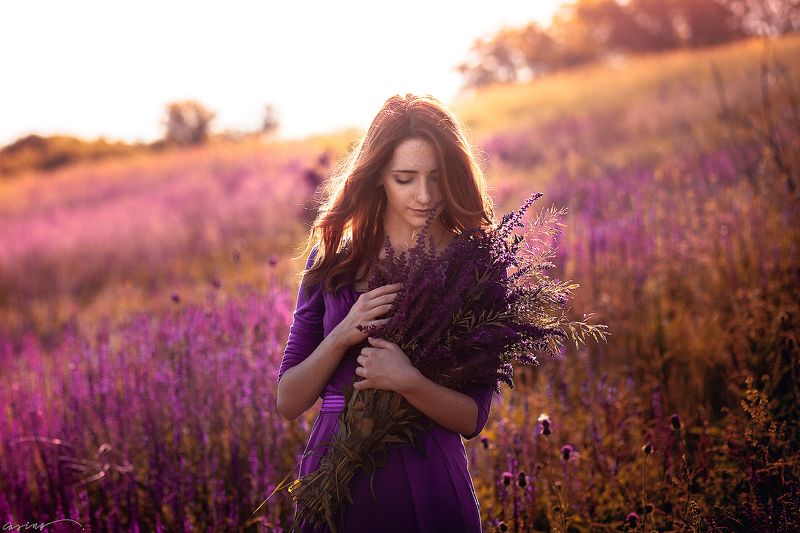 red hair, beautiful, girl, summer, sunset, lavander, ukraine With Sun in Hairphoto preview