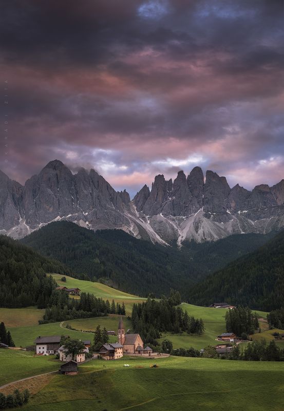 dolomiti, dolomites, sunrise, landscape, sky, sun, mountains, clouds, trees, italy, forest, church, valley, Sunset at the Valleyphoto preview