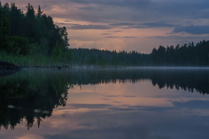 закат, озеро, туман, отражение, зеркало, облака, лес Перед сномphoto preview