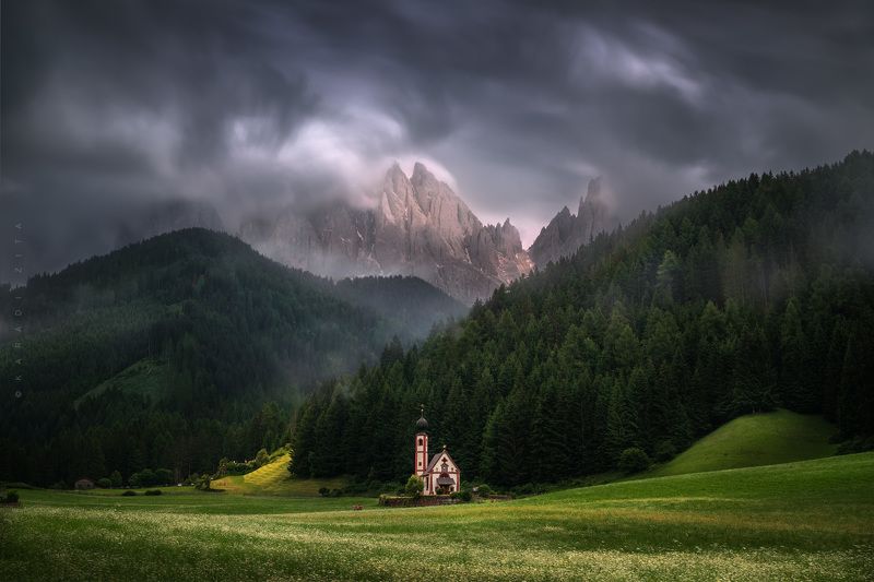 dolomiti, dolomites, sunrise, landscape, sky, sun, mountains, clouds, trees, italy, forest, church, longexpo, chapel, Dancing Cloudsphoto preview