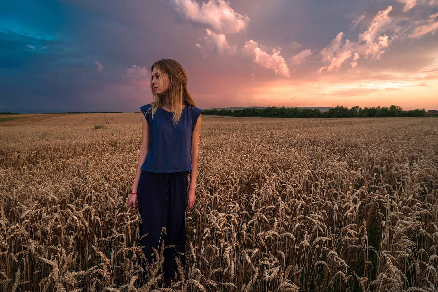 поле, трава, сено, ветер, модель, платье, поза, пшеница, рожь, гроза, небо, закат, лето, тучи, Арсен Алабердов