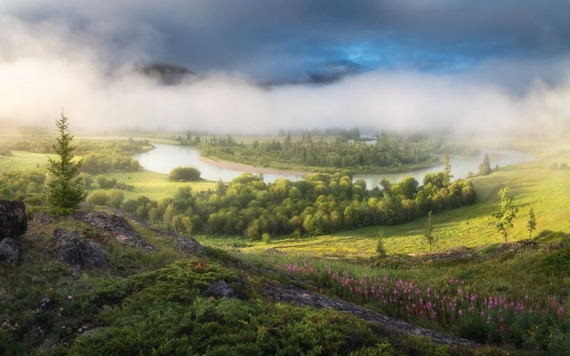 алтай, горный алтай, пейзажи алтая, кош-агачский район, горная река, лето на алтае, горы, летний алтай, горная тайга Туманы Ак-Алахиphoto preview