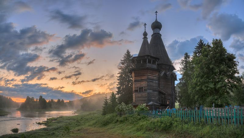 лето, деревня, утро, река, туман, церковь photo preview