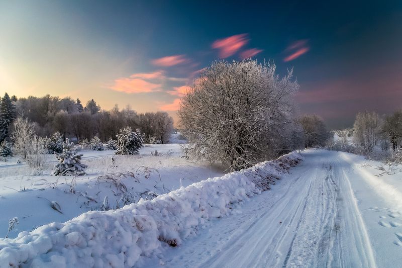 зима, холодно, дорога, Россия, вечер, поле, лес, снег, ель, небо, облака Зимней дорогойphoto preview