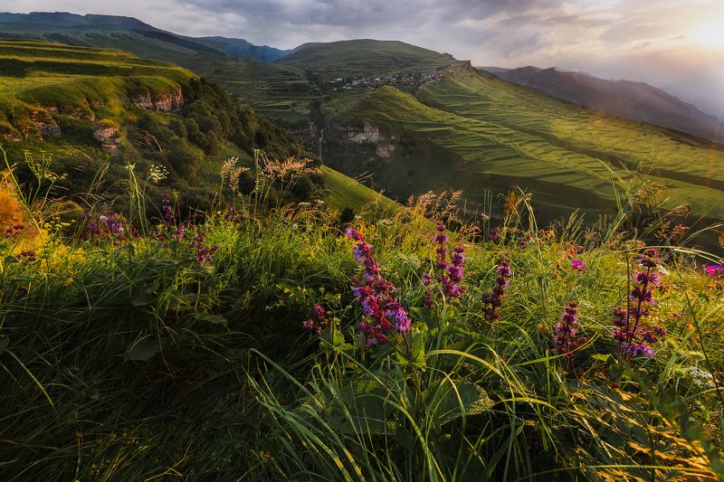 дагестан, горы, закат, водопад, терассы, хунзах, лето Раскат теплых закатных лучейphoto preview