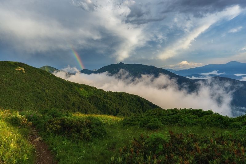 горы радуга дождь кавказский заповедник облака После дождяphoto preview