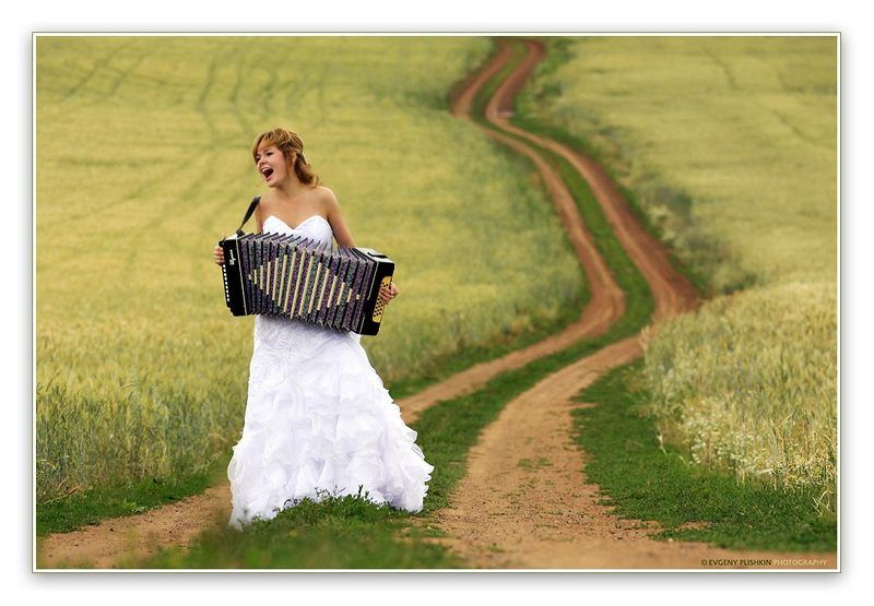 невеста, садьба, гармошка, поле Русская свадьбаphoto preview