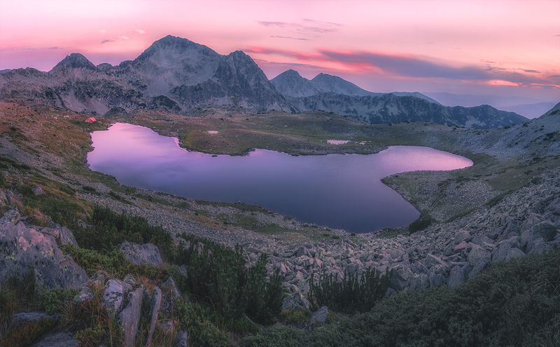 landscape, nature, scenery, lake, light, sunlight, evening, sunset, peak, hut, reflections, view, sky, mountain, pirin, пейзаж, озеро, горы, закат Sunset on Tevno Lake, Pirin Mountain / Закат на озере Тевно, горы Пирин фото превью