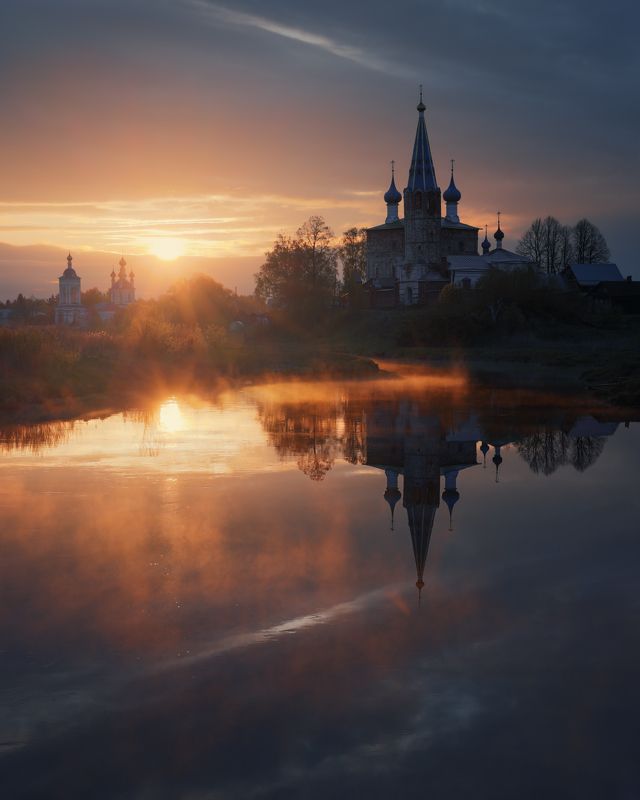 пейзаж, рассвет, дунилово, деревня, река, туман, отражение два солнцаphoto preview