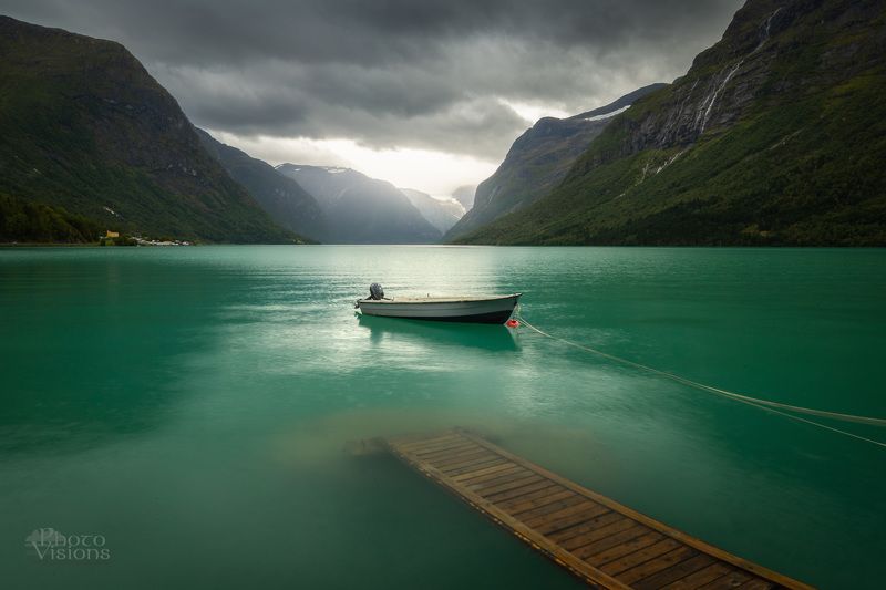 lake,mountains,ovatnet,norway,scandinavia,clouds,boat,jostedalsbreen,national park, Lovatnet / Norwayphoto preview