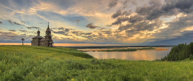 лето, река, деревня, вечер, церковь photo preview