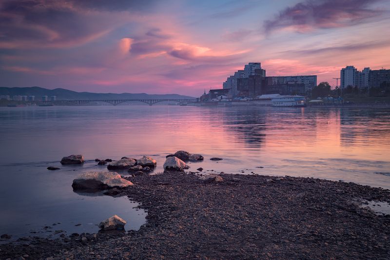 пейзаж, природа, город, вечер, ночь, сумерки, енисей, красноярск, берег, камни Стрелкаphoto preview