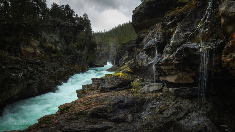 norway,jotunheimen,river,mountains,creek,waterfall,rocks,gorge,landscape,panorama, Dark Gorgephoto preview
