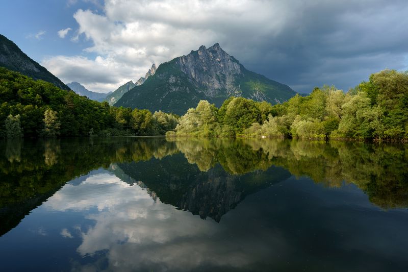 Italy, landscape, dolomiti, mountains, lake, landscape, rain Vedana Lakephoto preview
