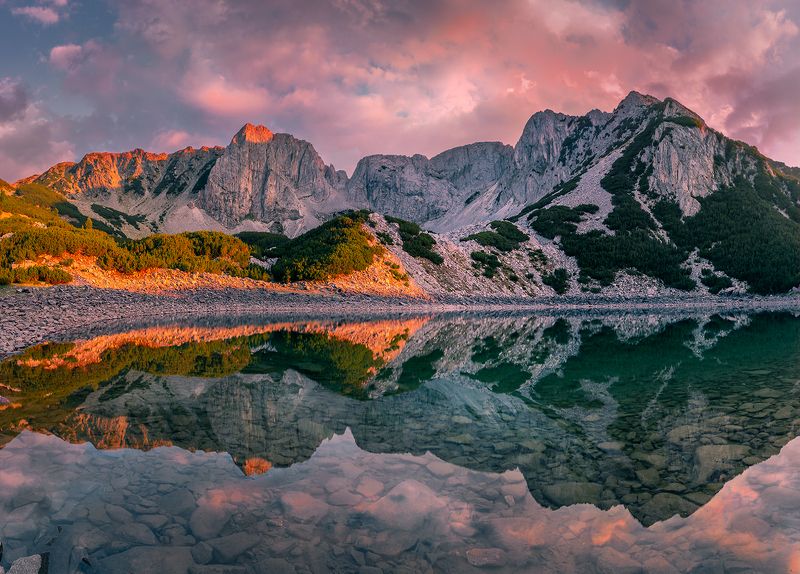landscape, nature, scenery, summer, sunset, lake, reflection, clouds, mountain, peak, пейзаж, закат, горы, озеро Sinanitsa, The Pearl of Pirin mountainphoto preview
