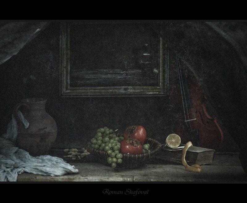Виноград, Картина, Книга, Кувшин, Лимон, Натюрморт, Роман Шафовал, Скрипка вечерний натюрморт...photo preview