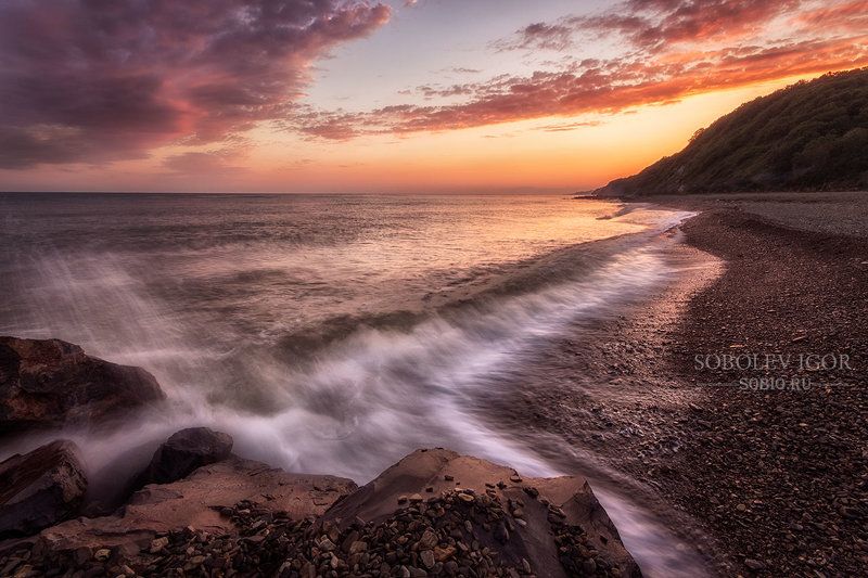 Черное море, Россия, вечер, закат, море, прибой, берег, облака, Джубга Прибойphoto preview