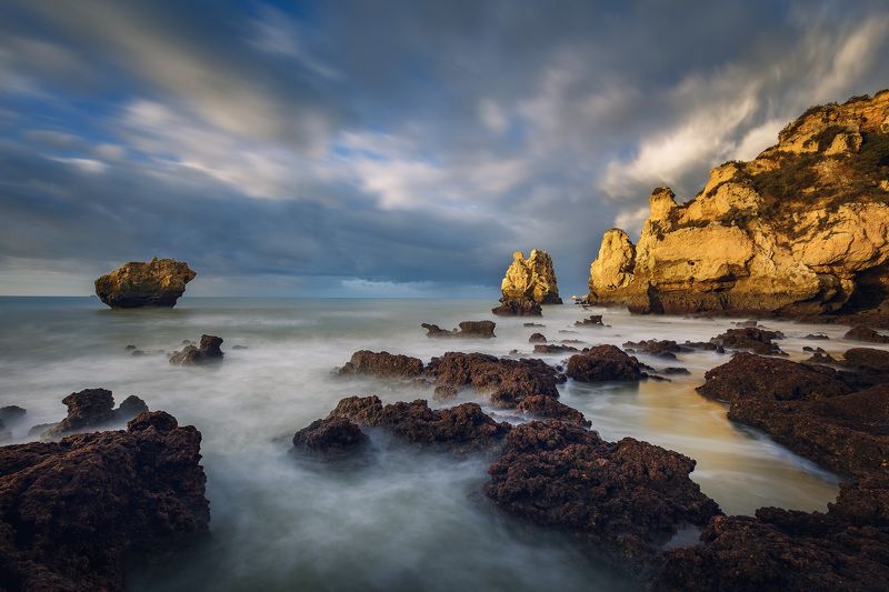 Длинная выдержка, Камни, Океан, Пейзаж, Португалия, Природа, Рассвет, Скалы *** фото превью