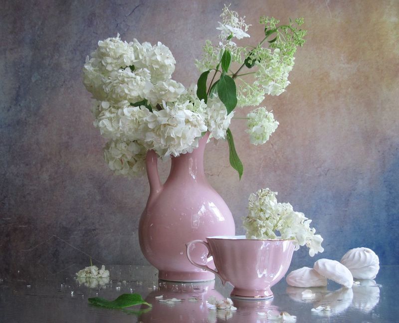 цветы, букет, гортензия, кувшин, чашка Белоснежкаphoto preview