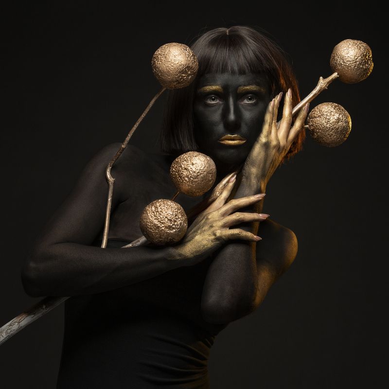 art, attractive, beautiful woman, beauty, black and gold, branch, creative, dreaminess, elegance, female, femininity, front view, grace, human face, individuality, indoors, looking, makeup, one person, portrait, pose, studio shot, young woman Golden Boughs фото превью