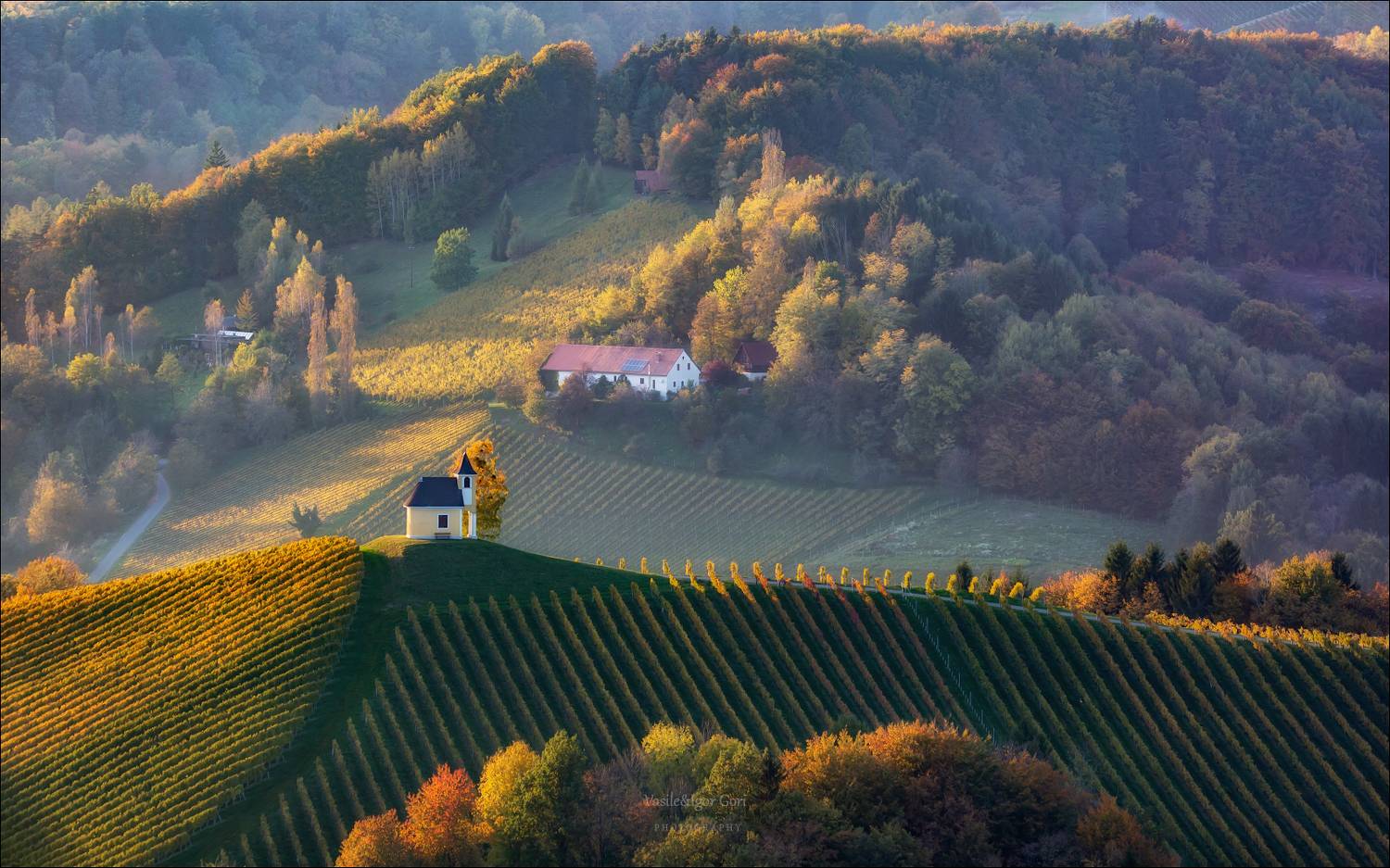 dreisiebner kapelle,свет,часовня,штирия,chapel,гамлитц,австрия,gamlitz- sernau,landscape,панорама,осень,rural, Гори Василий