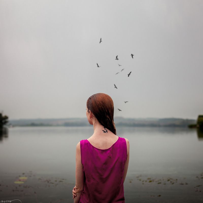lonely, loneliness, girl, portrait, river, birds, water Lonelinessphoto preview