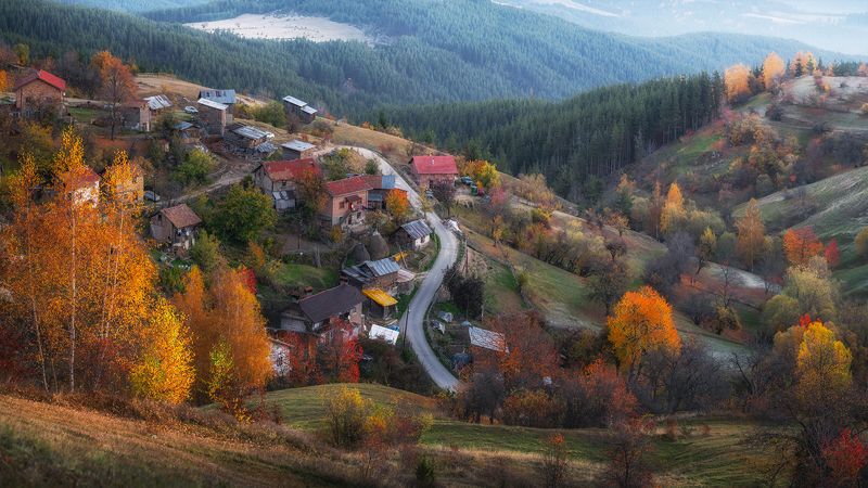 landscape, nature, scenery, forest, wood, trees, oldhouses, village, autumn, fall, colors, mountain, rodopi, bulgaria Rodopi mountain, Autumnphoto preview