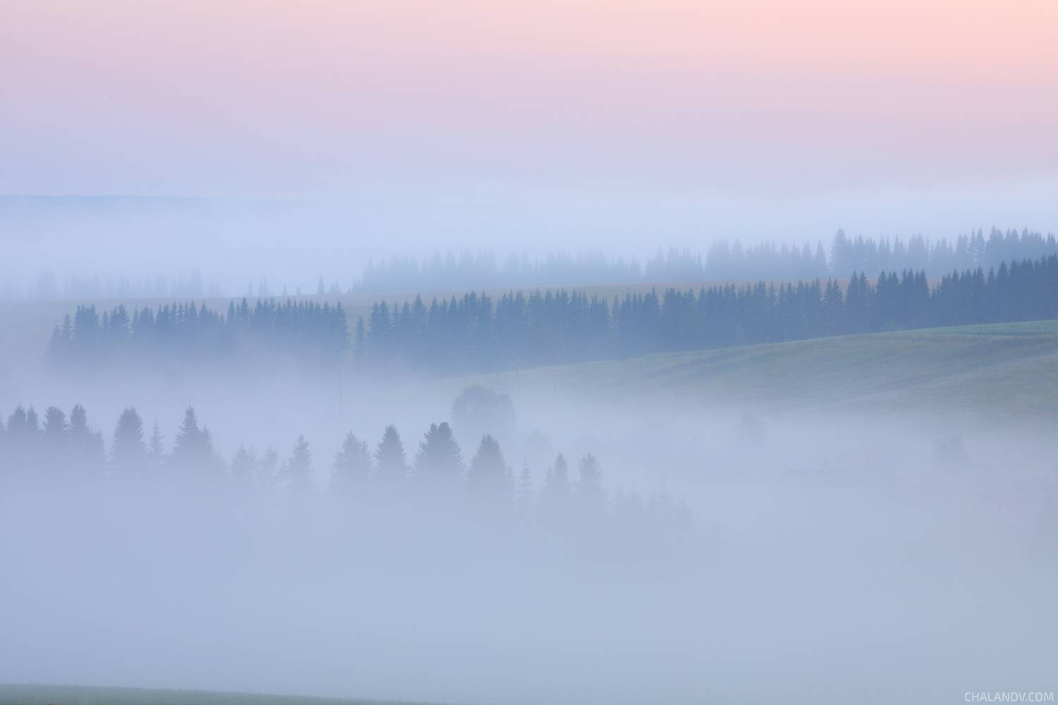 Утро на окраине села Пожег. Автор: Иван Чаланов пейзаж, село, коми, рассвет, туман, Иван Чаланов
