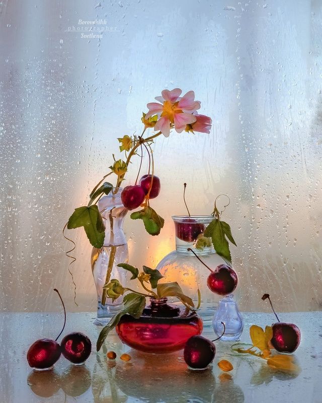 натюрморт, art_photo, полиэтилен, стекло, цветы, черешня, фото на окне, фото через полиэтилен, фото на телефон Черешня фото превью