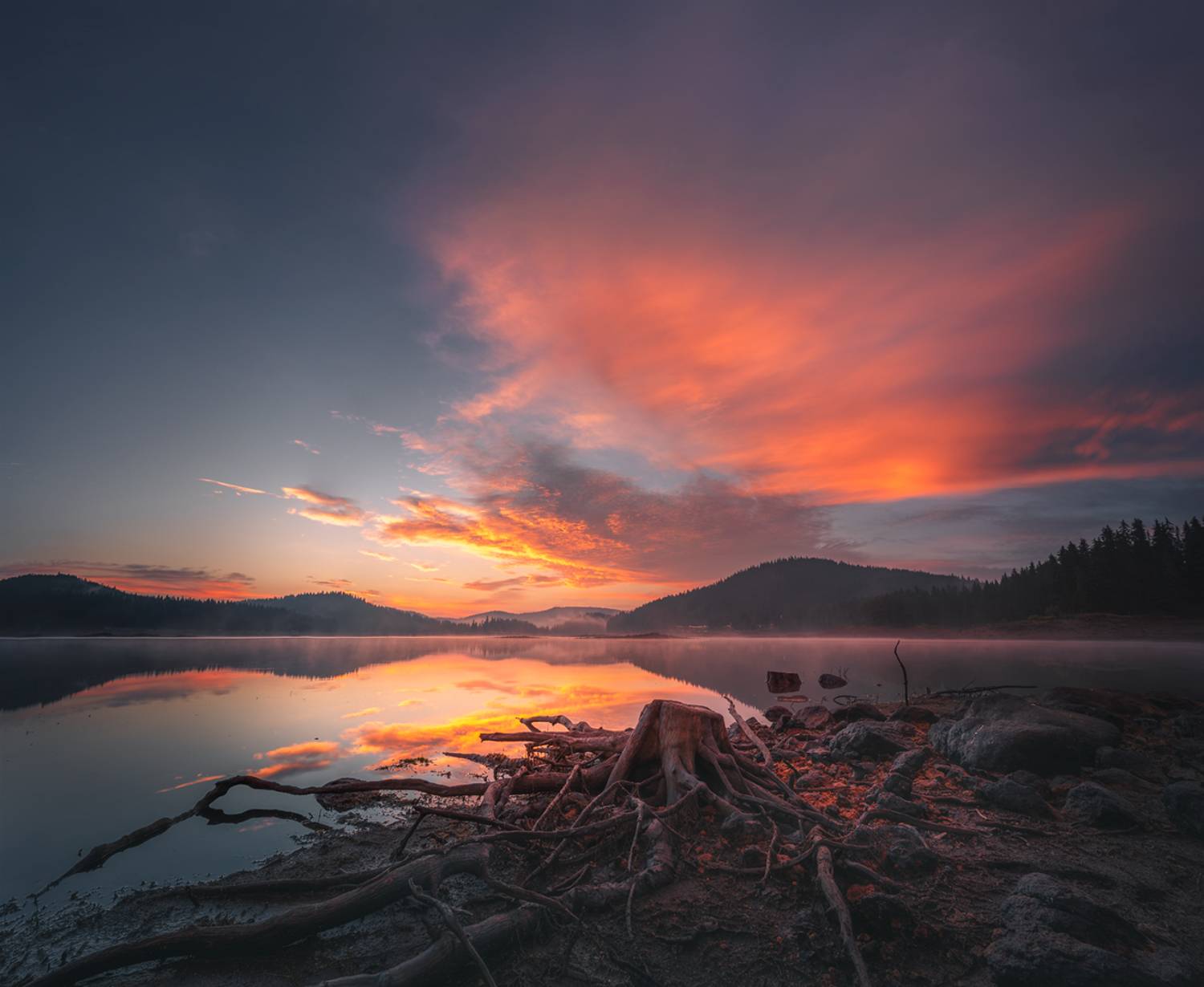 landscape, nature, scenery, summer, sunrise, morning, dawn, lake, reflection, mountain, trees, пейзаж, рассвет, горы, озеро, Александър Александров