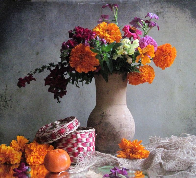 цветы, букет, бархатцы, львиный зев, циннии, душистый табак Бархатцыphoto preview