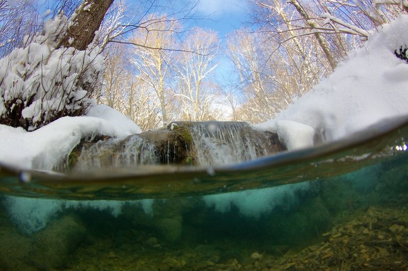 Водопад, Зима, Река, Снег, Сплит Зимняя рекаphoto preview