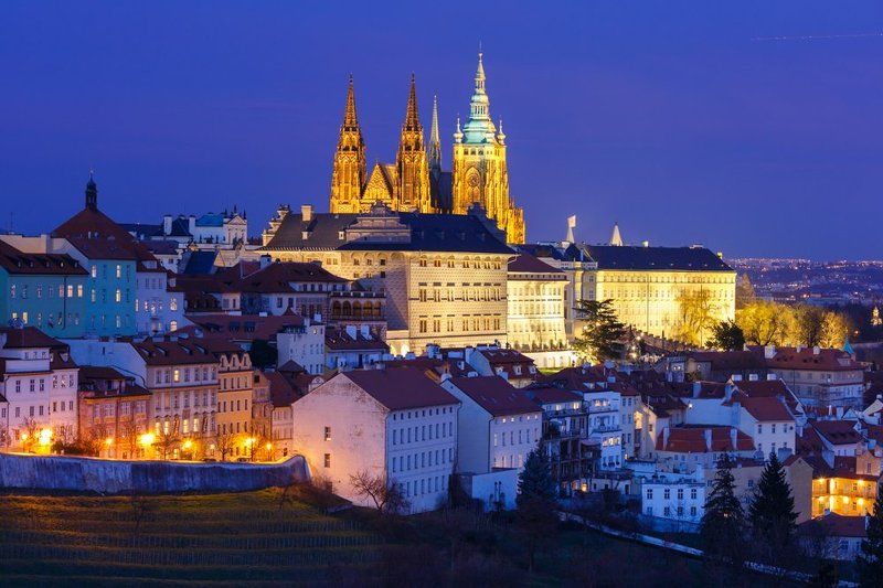 castle; church; Prague; night; aerial; view; gold; blue hour;  Prague Castle at nightphoto preview