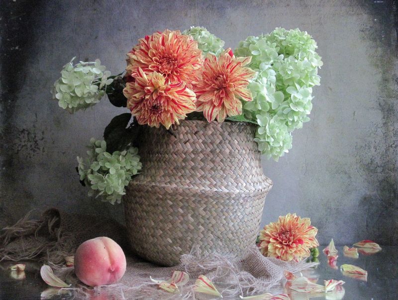 цветы, букет, георгины, гортензия,персик С гортензией и георгинамиphoto preview