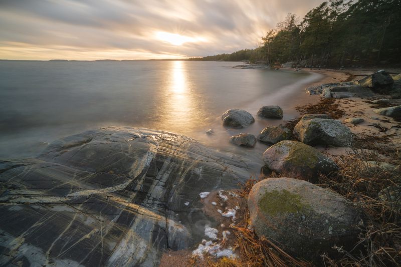 длинная выдержка, балтийское море, скалы, камни Перед закатомphoto preview