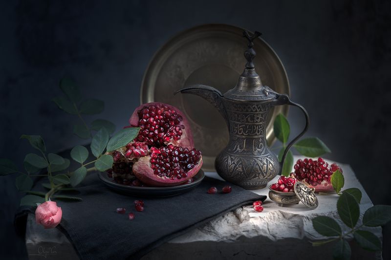 гранат, натюрморт, роза, кофейник, восточный, далла photo preview