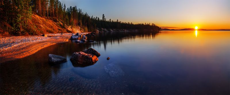 Белые ночи, Закат, Кольский п-ов, Ночь, Озеро, Панорама, Пейзаж, Природа, Север, Солнце Колвица в полночьphoto preview