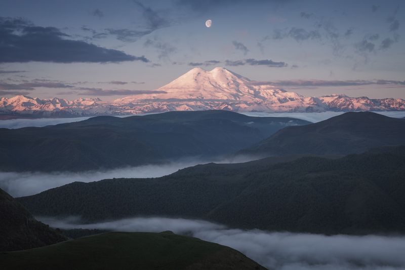 mountain, nature, outdoors, moon, landscape, cloud, sky, fog, bsunrise, dawn, summer, caucasus, elbrus, пейзаж, горы, лето, туман, рассвет, эльбрус, кавказ, луна, приэльбрусье Эльбрусphoto preview