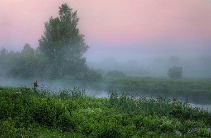 рассвет река Лух туман рыбак рыбалка утро июнь лето Утро рыбакаphoto preview