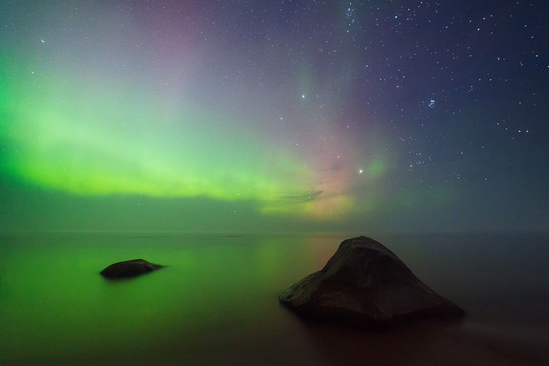 night, russia, aurora borealis, lake, ladoga Сияниеphoto preview