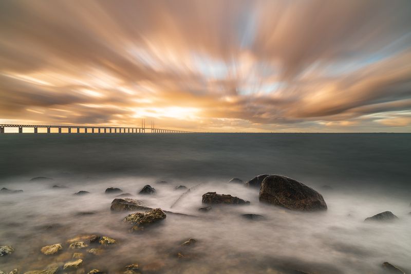 длинная выдержка, море, скалы, камни Эресундский мостphoto preview