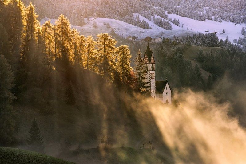 Alpen, Alpia, Alps ,Alta badia, Autumn, Autumn colors, Autumn forest, Autumn landscape, Dolomiten, Dolomites, Dolomiti, Italia, Italien, Italy, Südtirol, beautiful, beautiful place, church, first snow, la walle, meadows, mountains, rays, snow, sunrise, s Dolomitesphoto preview