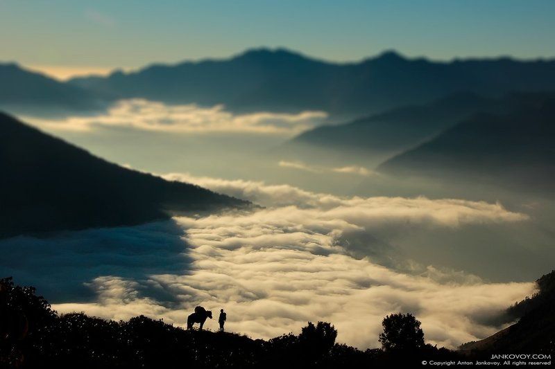 nepal, himalayas, himalaya, mountains, clouds, silhouette, horse, horseman, morning, sunrise, sunset, laurebina, langtang, gosaikunda, trekking, trek, hills, travel, traveling, road, way,   непал, гималаи, горы, облака, силуэт, лошадь, конь, всадник, путн Странникphoto preview