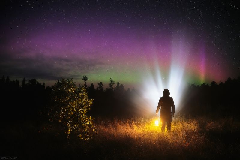 пейзаж, ночь, северное сияние, туман, человек, звезды Туманная ночь в ожидании Аврорыphoto preview