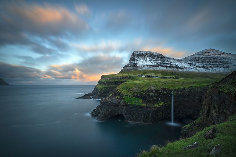 landscape, nature, scenery, sunrise, morning, sea, rocks, waterfall, longexposure, пейзаж, рассвет, faroe A short morning smile / Короткая утренняя улыбкаphoto preview