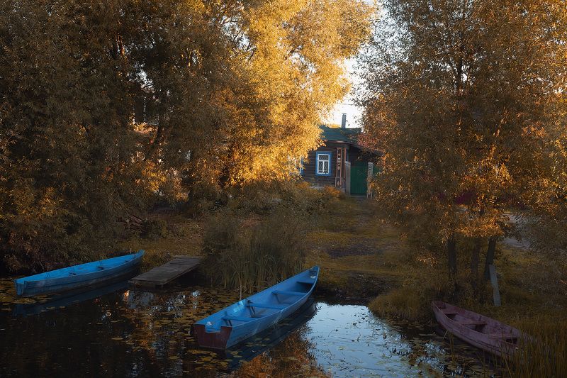 лодки, утро, деревня, сельский пейзаж Тихое утроphoto preview