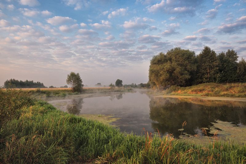 утро, рассвет, река, берег, небо, облака, свет, отражение рассветphoto preview