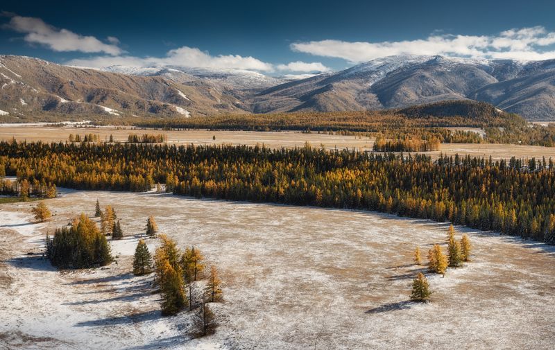 алтай, горный алтай, пейзажи алтая, кош-агачский район, горная степь, золотая осень, горы, осенний алтай, горная тайга Убеленная первым снегомphoto preview