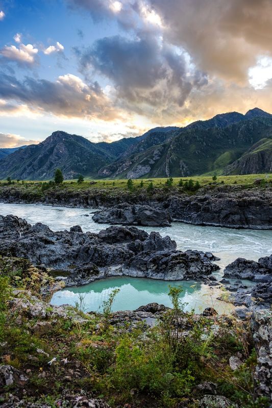 катунь, ороктойский мост, чемал, чемальский тракт, пороги тельдекпень, алтай, горный алтай Уходящие лучи фото превью