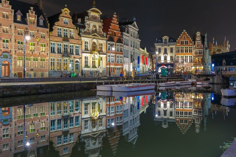 Gent, Ghent, river, water, canal, channel, city, castle, Belgium, belgian, Europe, European, Benelux, Flemish, gothic Ghent town at nightphoto preview